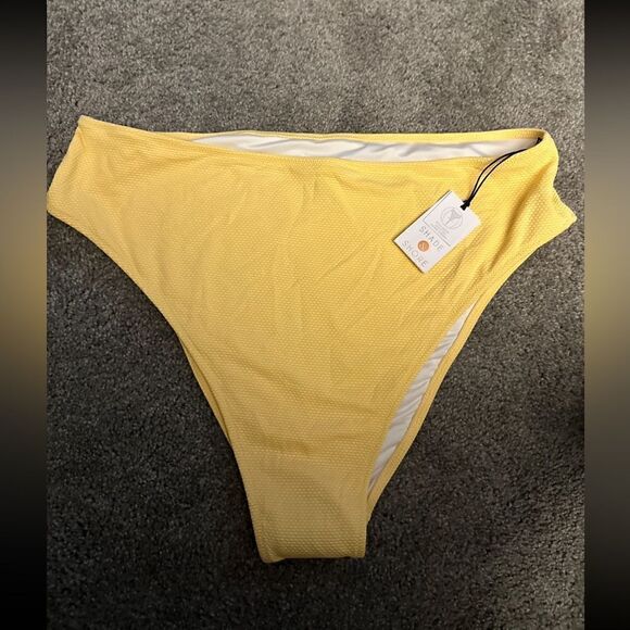 Shade & Shore Lurex Cinched Tie Back High Waist Coverage Bikini Bottom XL Yellow - Picture 2 of 7